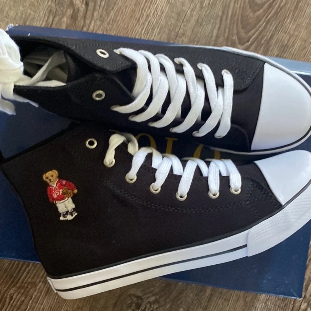 Polo Ralph Lauren Boys Shoes Size 7 Black High Top Canvas Sweater Bear Sneakers